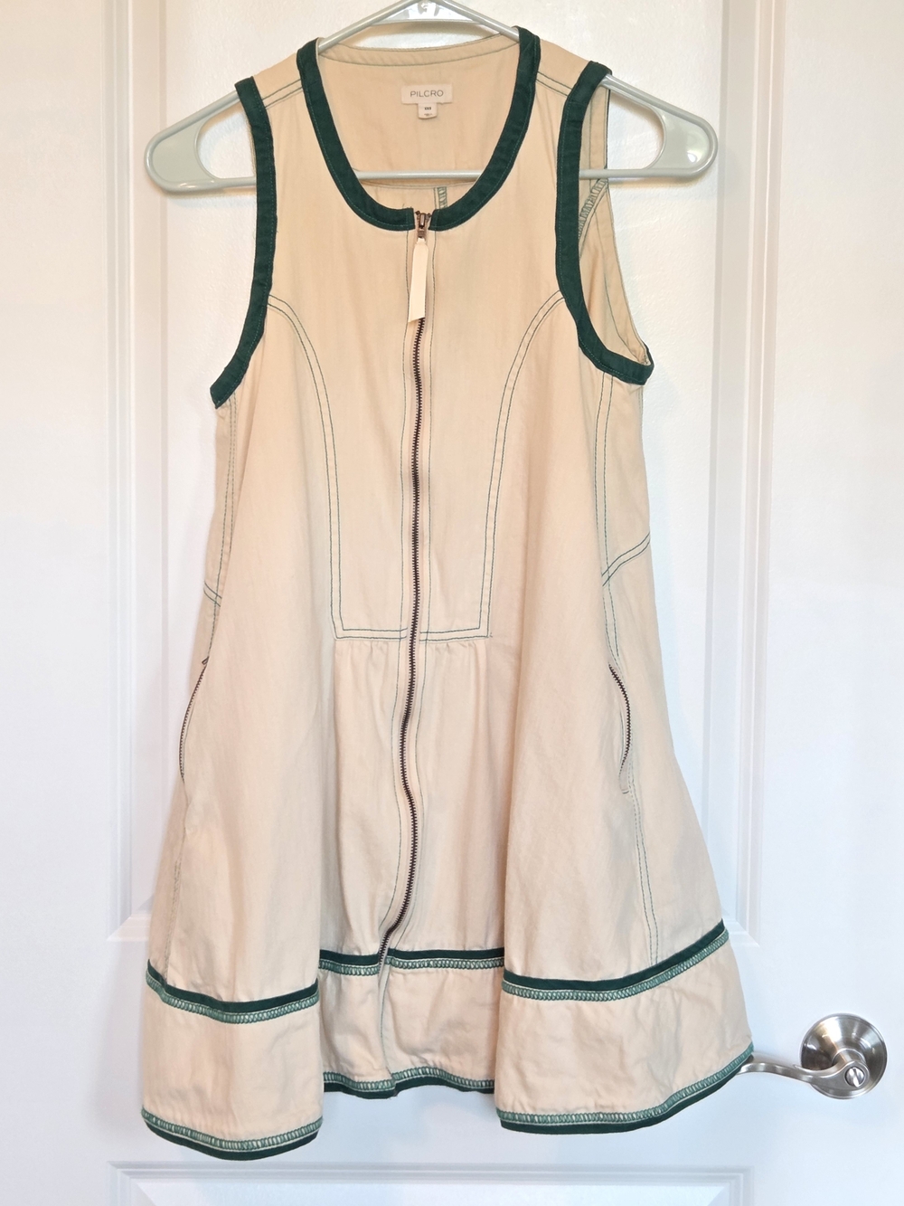 Pilcro / Anthropolige Cream A-Line Sleeveless Dress with Green Trim